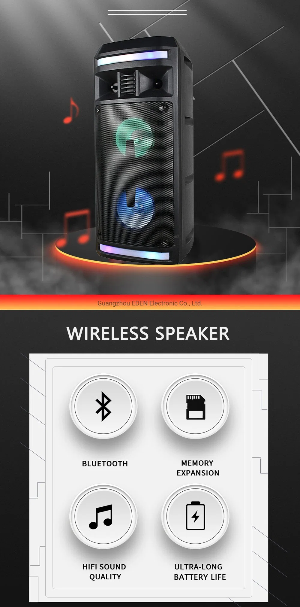 Bluetooth Audio Speaker with LED Dual 6.5 Inch Wireless DJ Portable PA Party Karaoke Sound Box Rechargeable Multimedia 5W Speaker ED-606